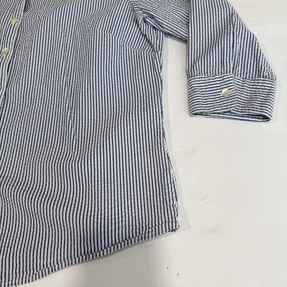 LL Bean Blue White Stripe 3/4 Sleeve‎ Button Up Cotton Seersucker Shirt LARGE - Picture 6 of 11